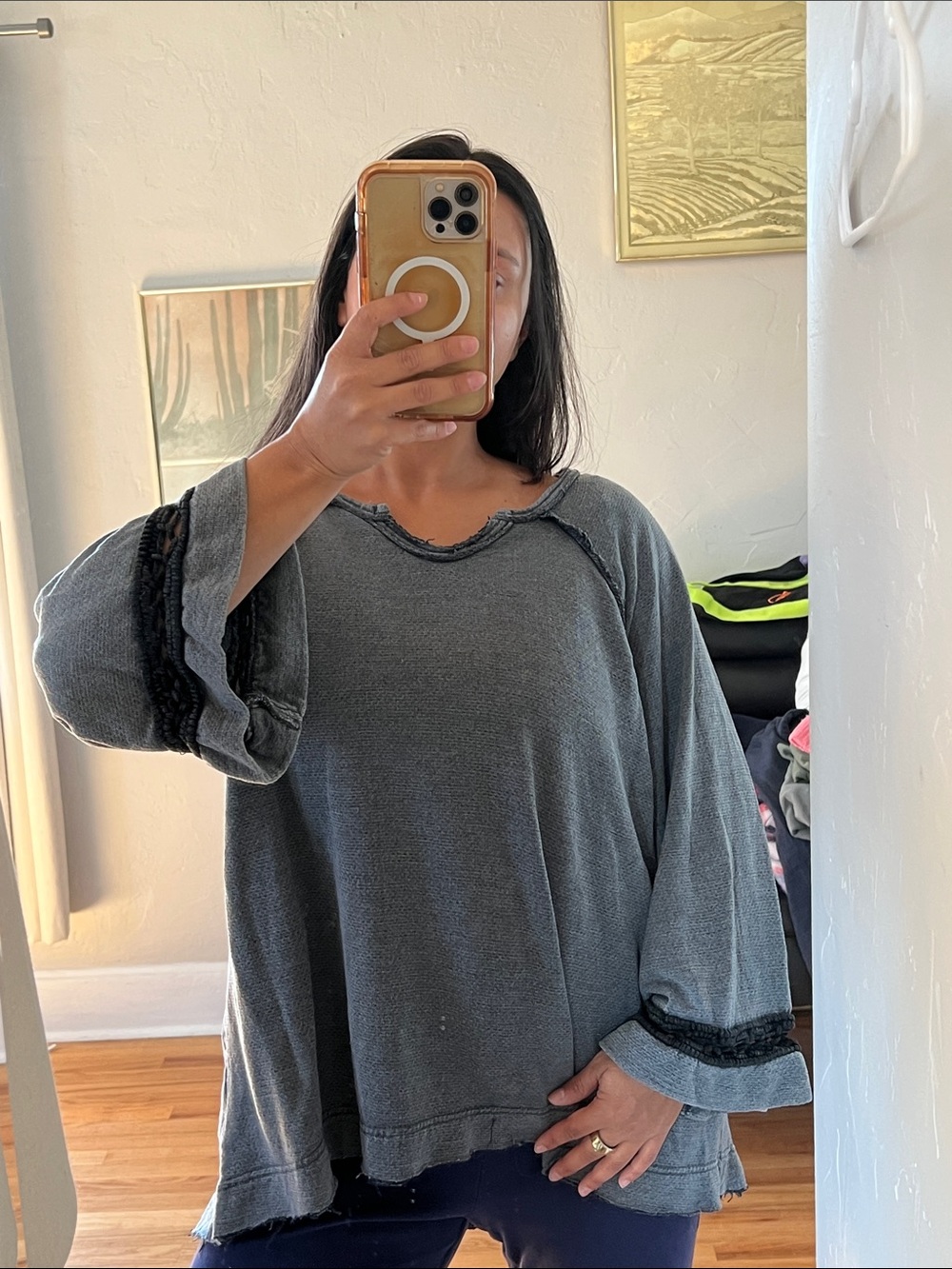 Free People Washed Gray Distressed Neck Raglan Sweatshirt